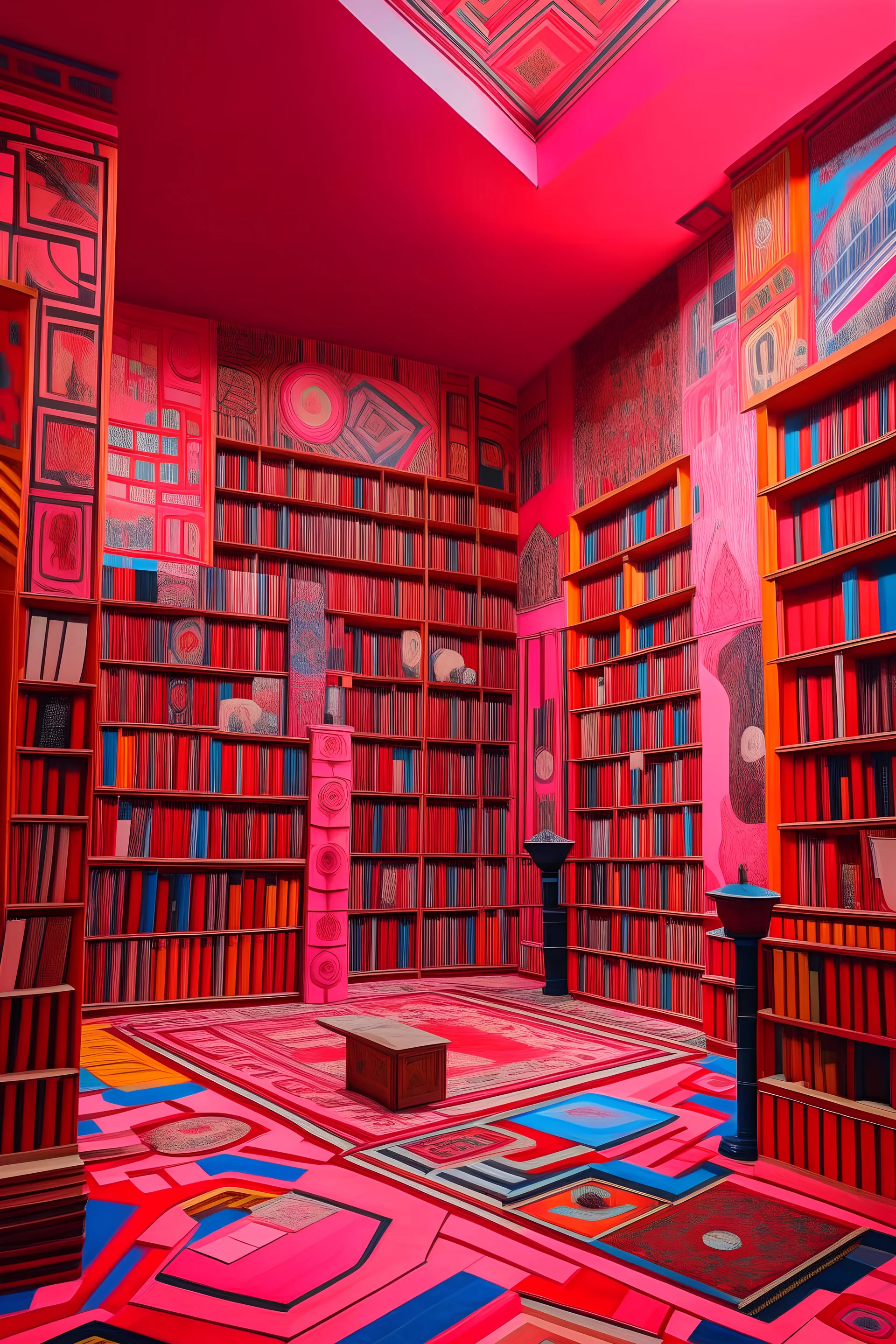 A pink library filled with mind controlled books designed in Navajo yarn painted by Wassily Kandinsky