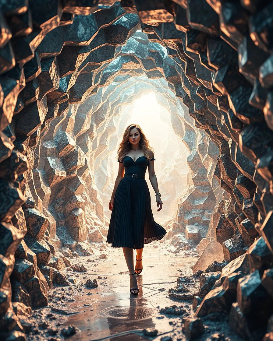 make a picture pretty cave made of crystal and metallic 3d fractal recursive cubic and sphere base structures and a beautiful fashion model lady with cute,with dark cyan decholte top and pretty pleated midi skirt,siver,curvy long hair,makeup, she walks in cave ,dynamic camera fallow her inside cave capturing full body, dynamic lights.