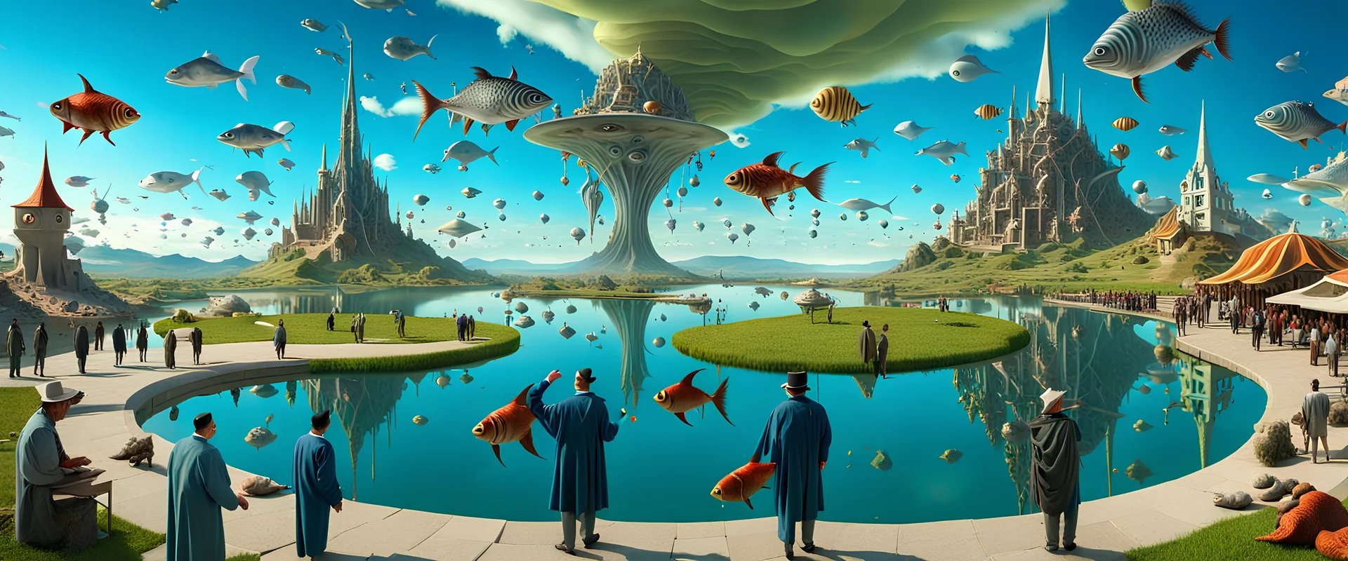 Mr Salvador Dali and Mr Hieronymus Bosch talking to each other at an outdoor surrealist market. A herd of dream-like sky-fish swim high in the far distance, with a beautiful surreal outdoor countryside summer scene with hills, waterfalls, and an intricate fractal sky, very high detail, photorealistic, epic cinematic, 8K, Large depth of field