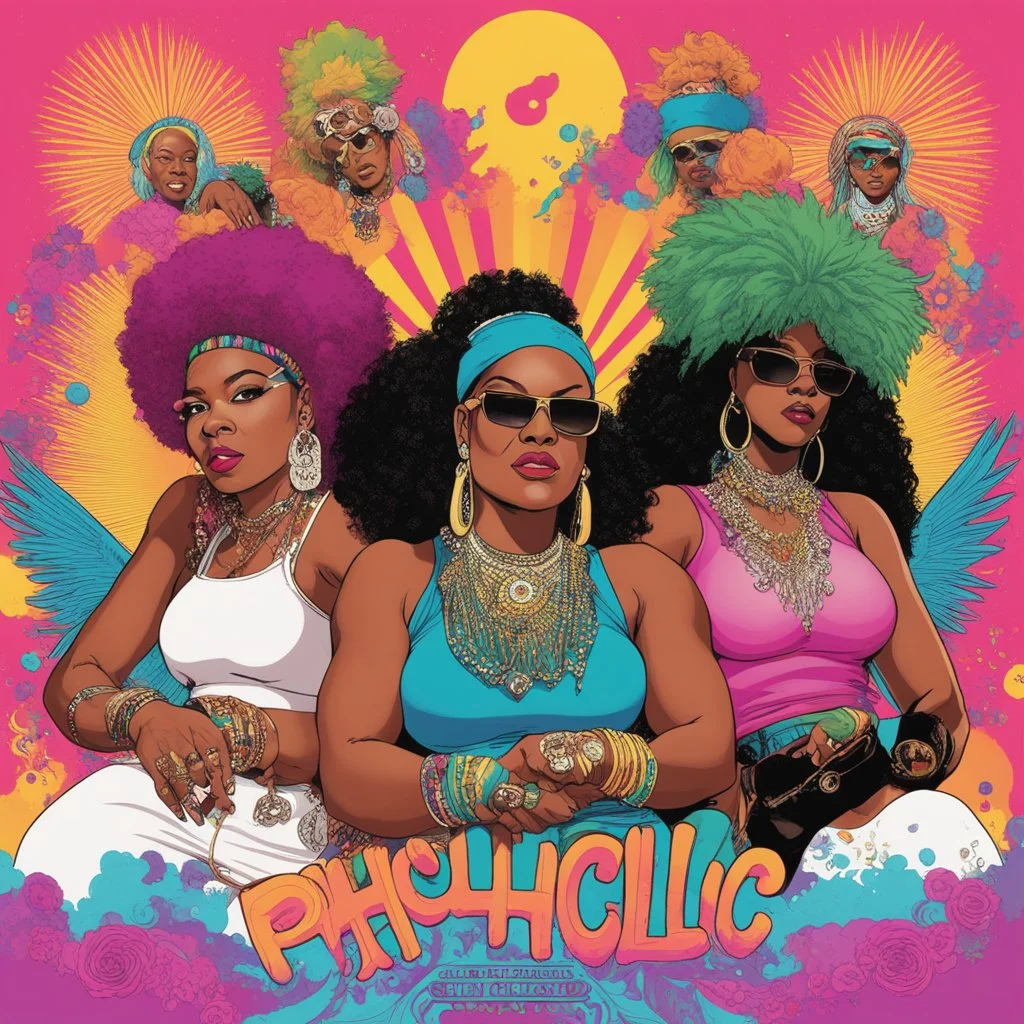 women of hip hop [physchedelic album cover illustration colourful As Nasty As They Wanna Be by 2 Live Crew] Salt and pepper, Shay, Queen Latifah, Roxanna chanté