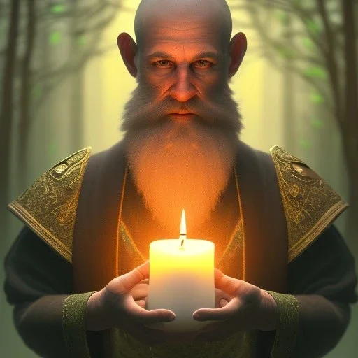 top down medium close up of robed monk with long beard in candle light, Dark fantasy concept art, dynamic lighting, Intricately detailed, Splash screen art, deep color, Unreal Engine, volumetric lighting, blue flowers, moss, leather, creek, flowing water, fantasy dark forest artwork,back light