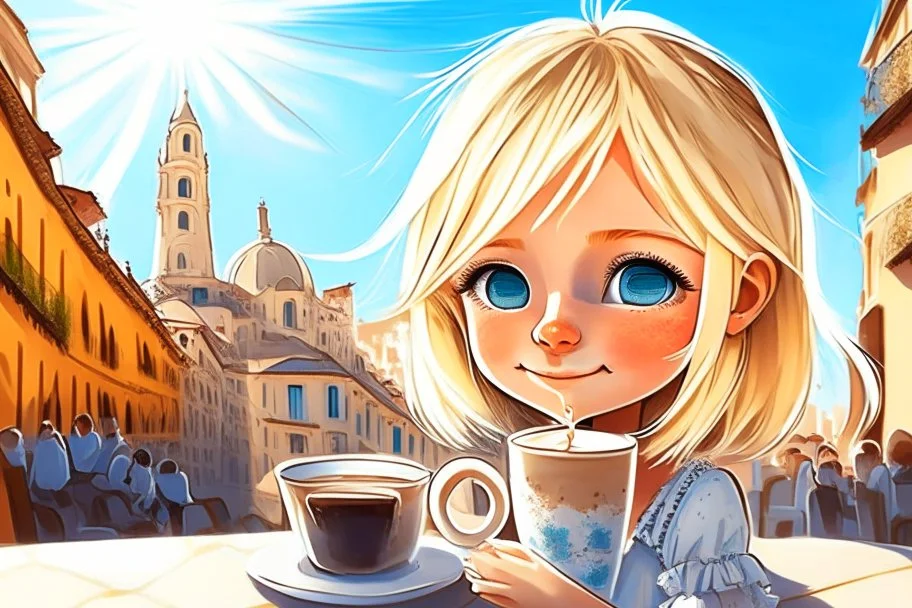 contented cute blonde blue eyed chibi girl drinking coffee in Italy in sunshine