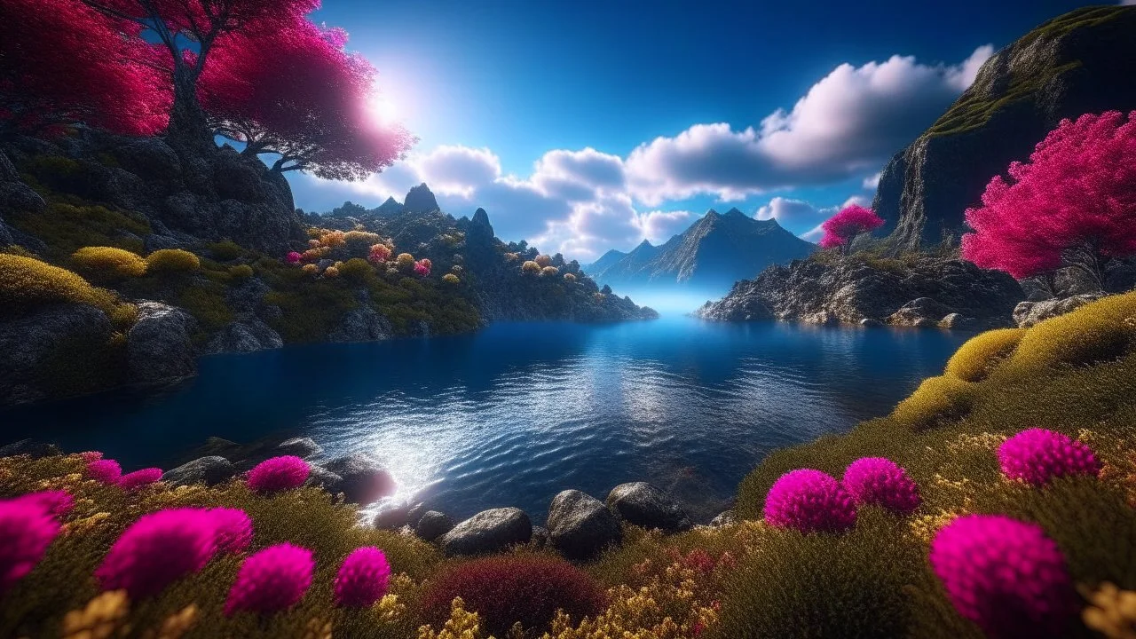 Masterpiece, best quality, high quality, extremely detailed CG unity 8k wallpaper, landscape, outdoor, sky, clouds, sky, no humans, mountain, landscape, water, tree, blue sky, waterfall, cliff, nature, lake, river , cloudy skies, award winning photography, bokeh, depth of field, HDR, bloom, chromatic aberration, photorealism, very detailed, trending on artstation, trending on CGsociety, intricate, high detail, dramatic, half way art