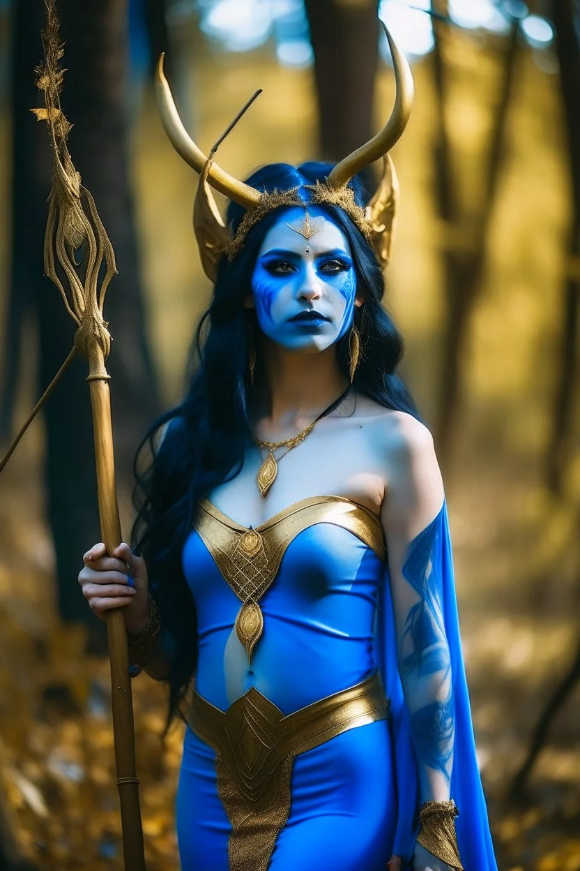 A picture of a beautiful blue faced Indian goddess with skin painted blue, blue body, blue torso, wild black hair, stag antlers, elven ears, golden skirt, holding a staff in a sunny forrest