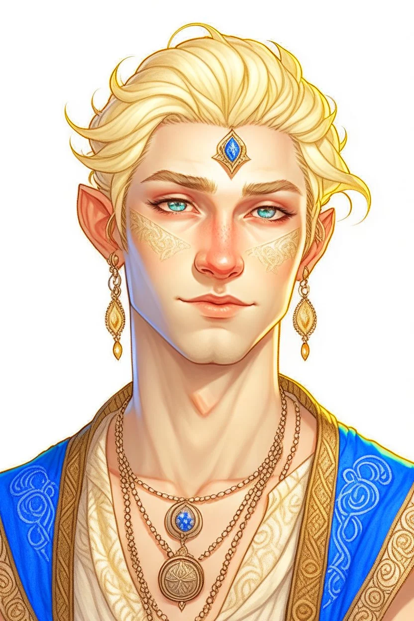 a wealthy half-elf man with pointy ears and blue eyes, wears lots of jewelry, blonde hair, 30s, buff