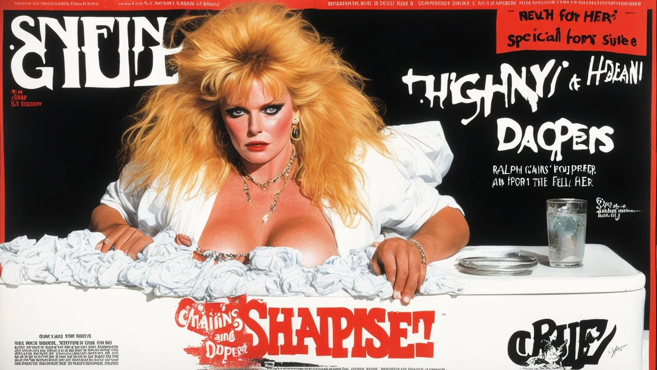 SNIFFIN’ GLUE magazine high res photo cover by Ralph Steadman: special 'heavy chains and diapers from hell for her' issue; guest star: youthful Ginger Lynn on the changing table