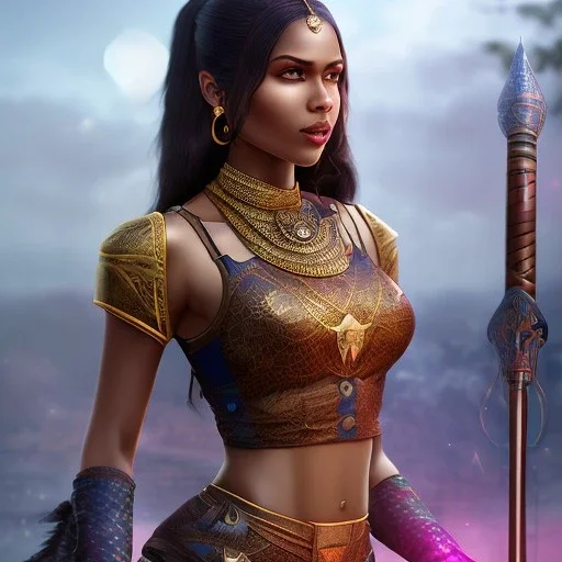 fantasy setting, heroic medieval fantasy, woman, dark skin, Indian, 20 years old, magician, warrior, hourglass body shape, bicolor hair, muscular, cinematic, insanely detailed, Arabian style, half-hawk, short hair, medieval