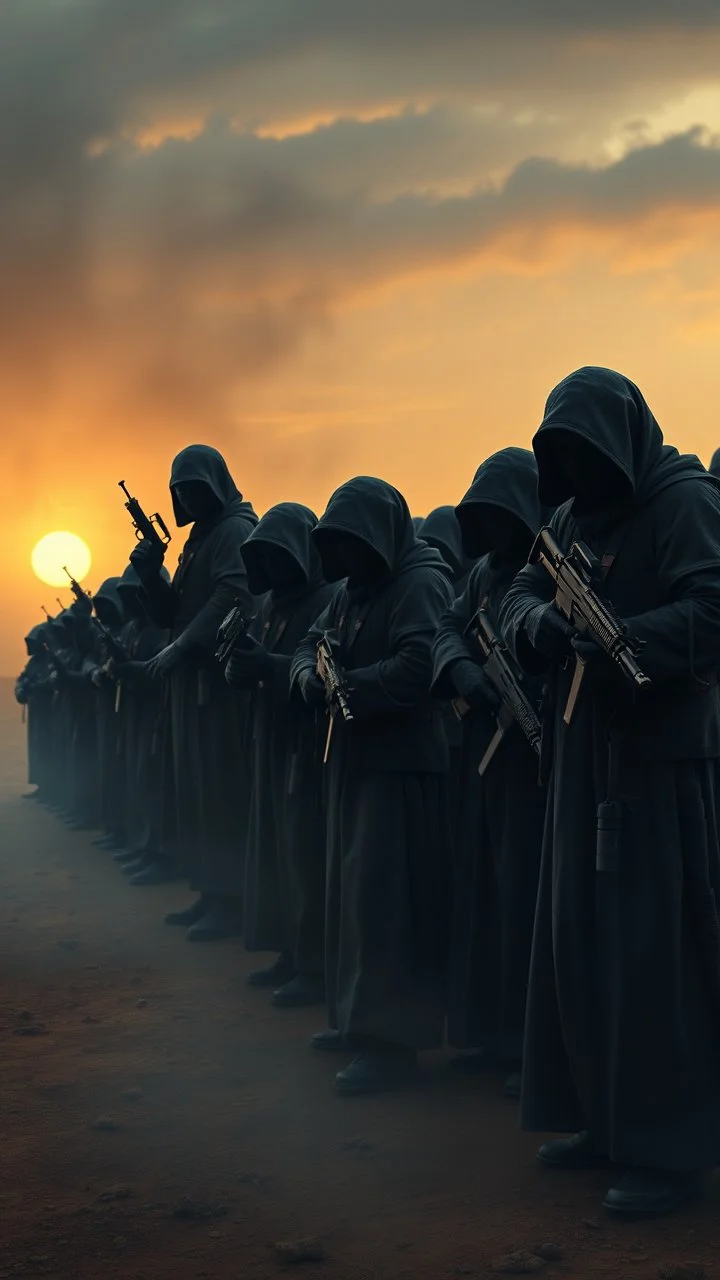 Bosch painting style nightmare , 3D ,a group of prisoners slave in black tied together in line in a guarded by strong soldiers with guns dramatic misty scene of the sunset time in a stormy weather in the desert background, high Quality picture , 8k