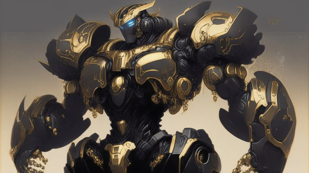 black mecha with golden ornaments, comic style