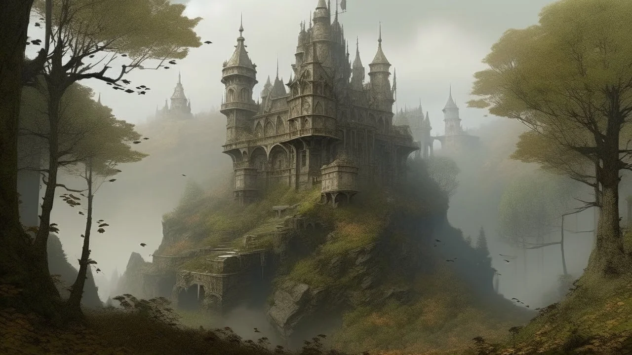 a serial killer castle in the woods on a mountain, by Alphonse Mucha and simon bisley, very beautiful, highly detailed, hyperrealistic, intricate, symmetry, cinematic, swirling fog, trending on artstation, 4k, hd,