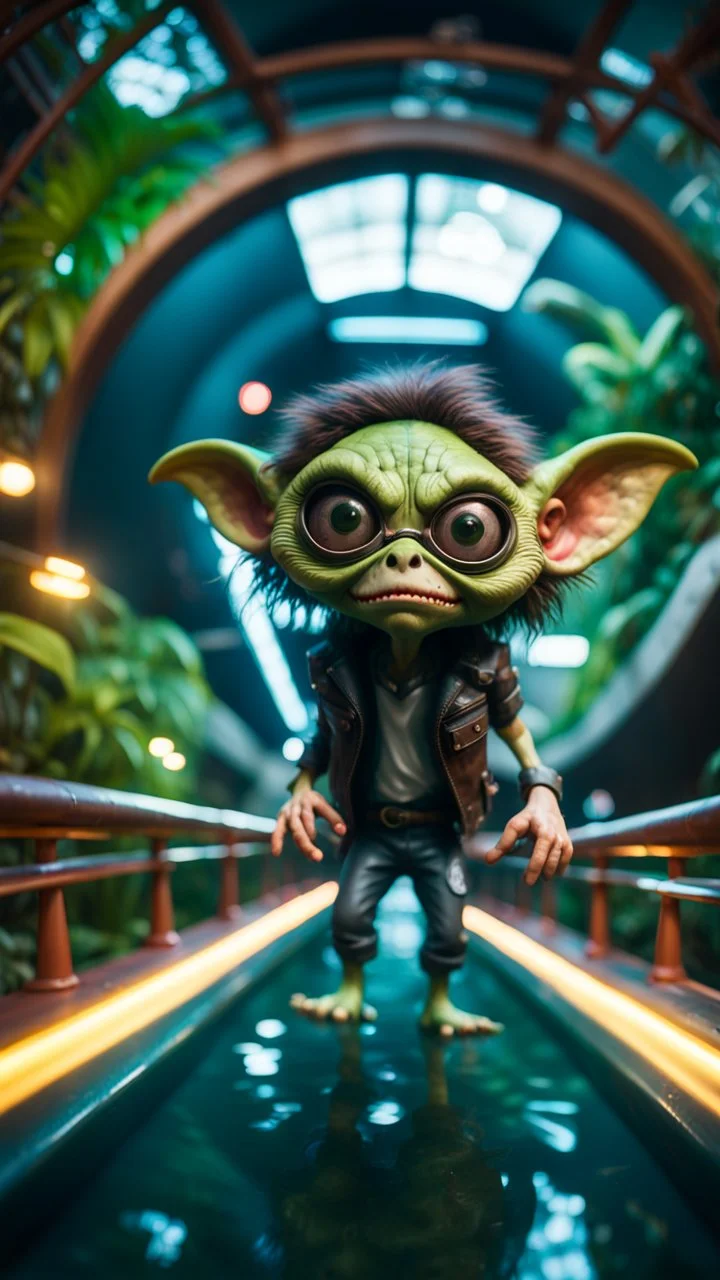 fish-eye photo of furry hairy pimp rocker alien gremlin on bridge over water slide magically levitating in dark lit reflective wet jungle hall dome hotel tunnel, in the style of fallout 4 game,bokeh like f/0.8, tilt-shift lens 8k, high detail, smooth render, down-light, unreal engine, prize winning