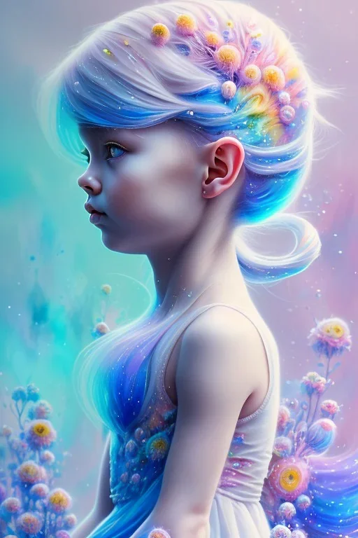 a little girl, side profile, sumetric eyes, blue hair, colorful, watercolor splash, white dress, rainbow flowers, in the style of Camilla d'Errico, hyper detailed, beautiful, complex, trending on artstation, cryengine, national geographic photo, chiaroscuro