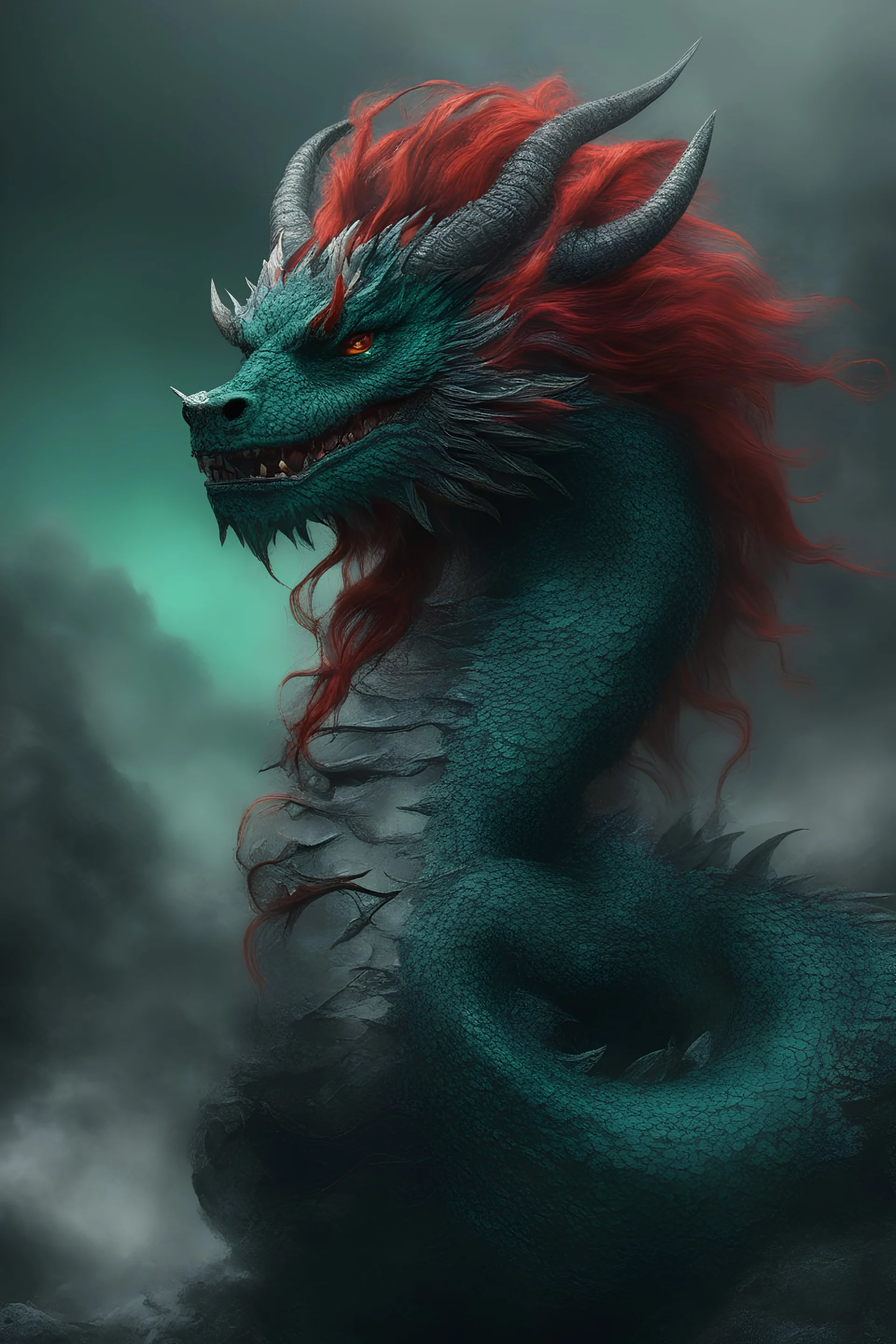 the black Chinese Indian Dragon with Long wavy, curly (((red hair))) and bright, (((sea-green eyes))), - full color - 32k, UHD, 1080p, 8 x 10, glossy professional quality digital photograph - dark foggy gradated background, historic, powerful, octane rendering, exquisite detail, 30 - megapixel, 4k, 85 - mm - lens, sharp - focus, intricately - detailed, long exposure time, f8, ISO 100 - back - lighting, ((skin details, high detailed skin texture))