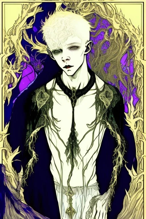 Emo, albino, teen, satyr, alchemist, in the style of Harry Clarke