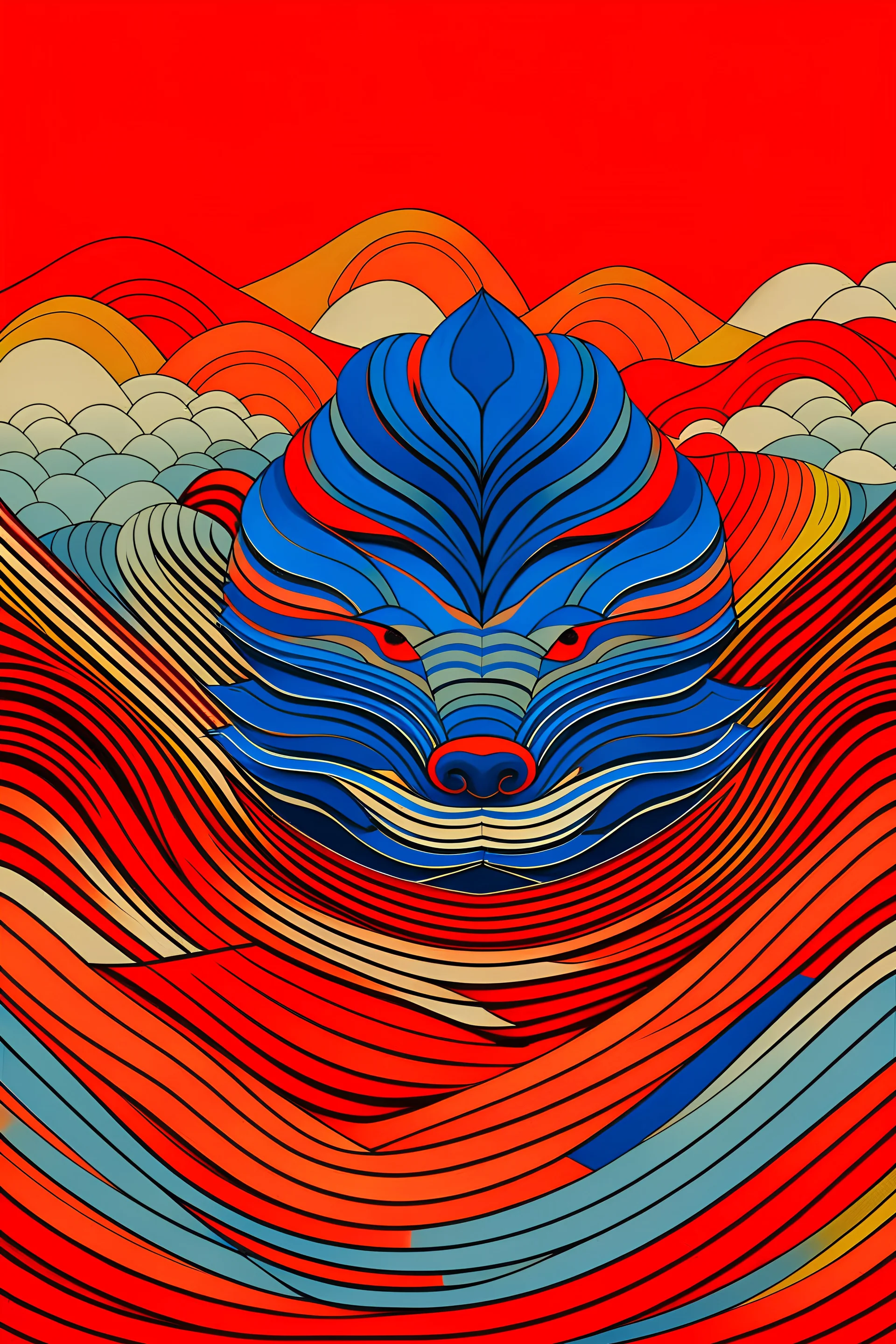 The elements of radio waves are used to form an abstract pattern of simple lines of a Picasso-style Chinese dragon head. The overall image is a frontal view and the colours are mainly red, blue and orange.
