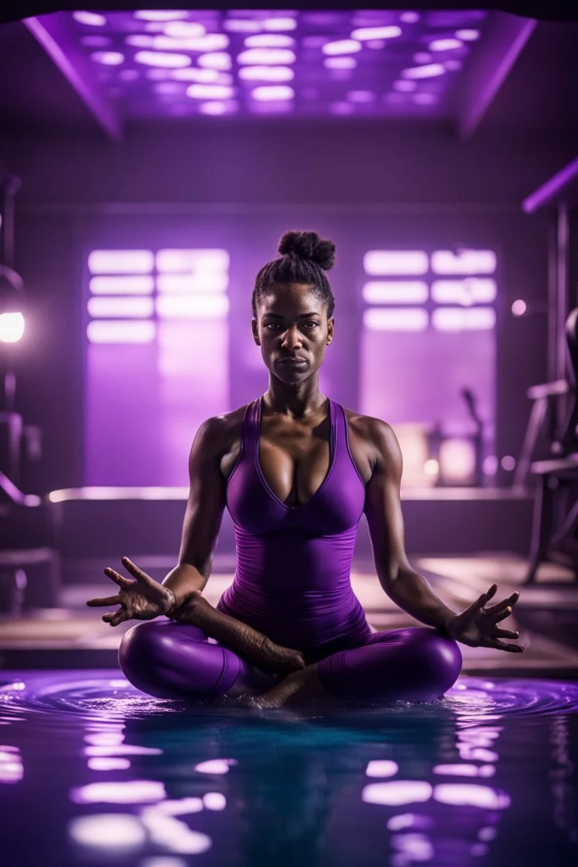 portrait of dark female yoga diver in purple pool in fallout 4 setting, bokeh, downlight, prize winning, depth of field, in the style of ivo caprino, downlight, furry chair, backlight, aura