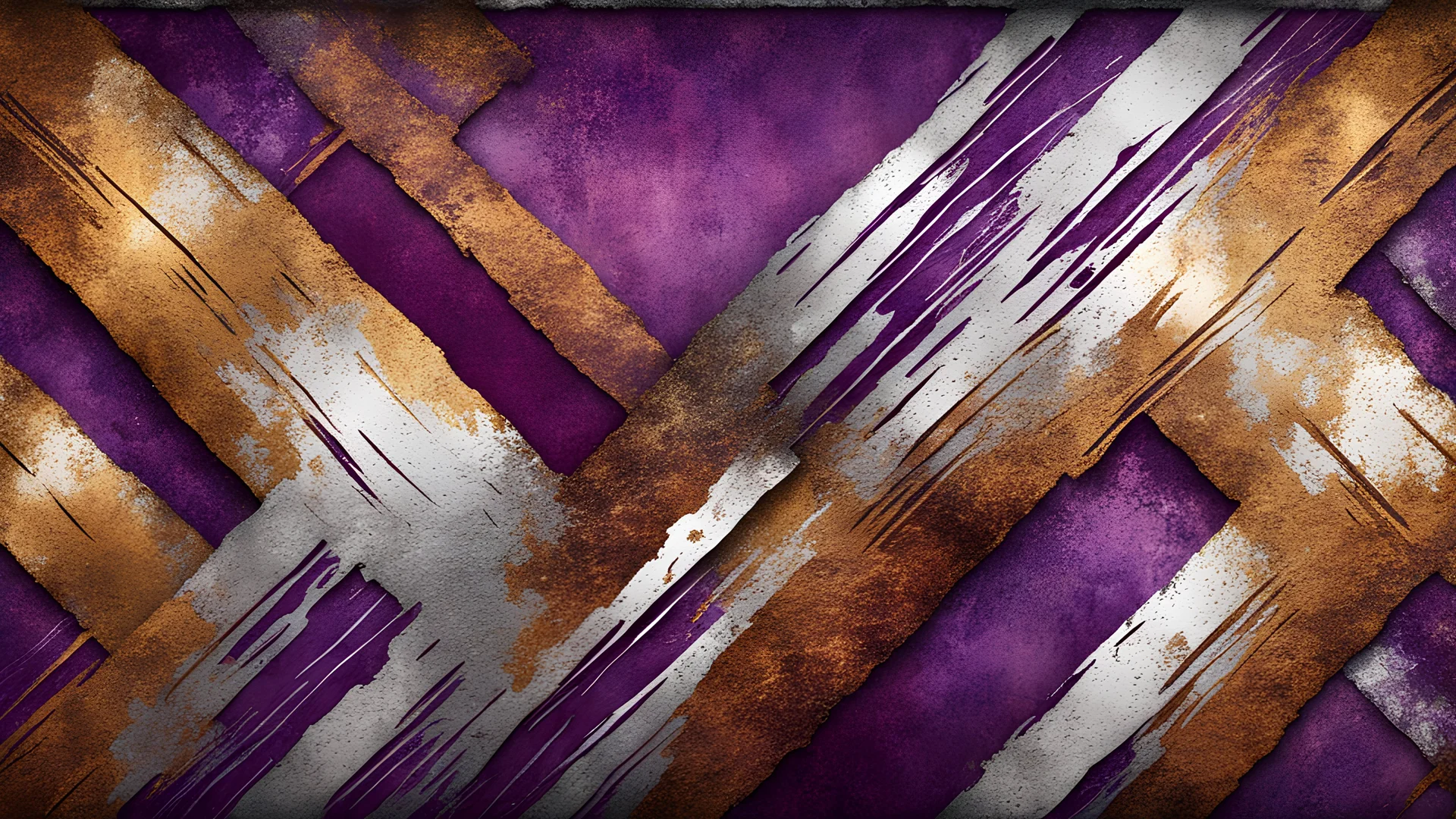 Hyper Realistic intersecting golden & silver brush strokes on a grungy rusty detailed maroon & purple patterned background with vignette effect