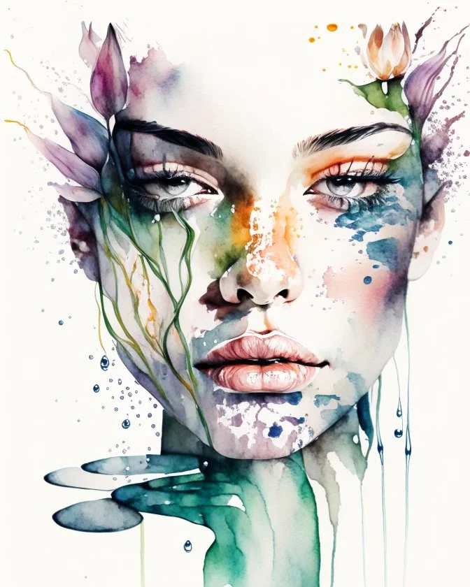 a hand-drawn watercolor painting of a woman's face with waterlily warped around the face like a snake, with a splash of mixed colors on a white background, sharp detail