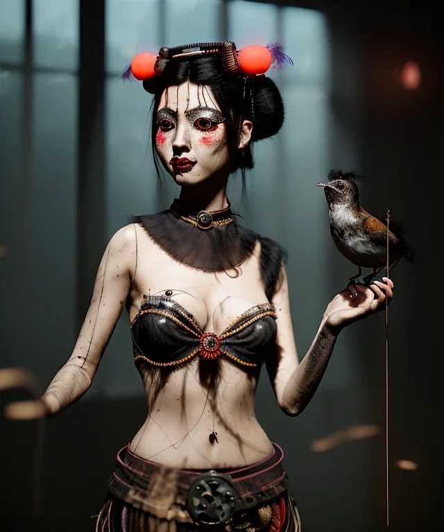 Surreal, steampunk , , cabaret scene. Geisha Russian old woman. Sweat, Birds, Feather, smoking, happy, hot, color fog, people background, highly detailed, concept art, unreal engine 5, god rays, ray tracing, RTX, lumen lighting, ultra detail, volumetric lighting, 3d, finely drawn, high definition, high resolution.