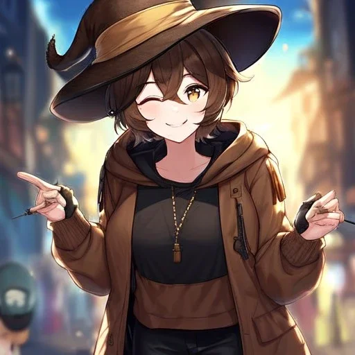 Clear focus, High resolution, short brown spiky hair, hair between eyes, eyes closed, wearing a brown detective hat, wearing a brown jacket and a black shirt, wearing black shorts, 1girl, pulling hat down, smiling, wearing a oversized hoodie