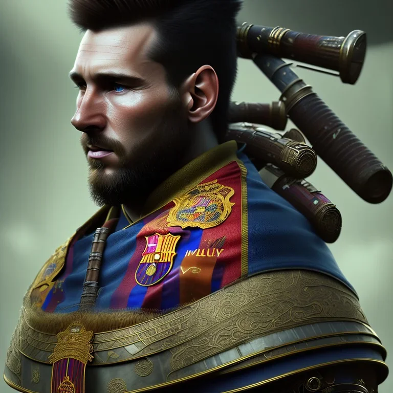 full portrai of perfect face lionel messi samurai gaspunk,high detail, volumetric lighting, tiny features, intricate detail,volumetric clouds