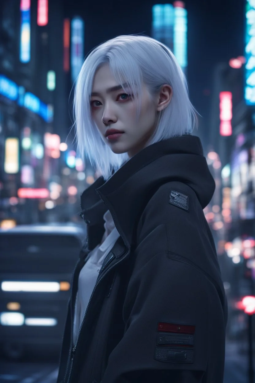 1girl,(8k, RAW photo, best quality, masterpiece:1.3),(realistic,photo-realistic:1.37),(night),(looking at viewer:1.331),(white hair),posing,Tokyo street,nightcityscape, , cyberpunk city,soft light,1girl,extremely beautiful face,bust,put down hands,Random hairstyle,Random expression,big eyes, ,lower abdomen,(short-sleeved JK_shirt),JK_style,(dark blue JK_skirt) ,(bow JK_tie),,mix4, an extremely delicate and beautiful girl, depth of field, blurry background, blurry foreground,, delicate, beautifu