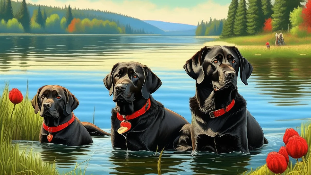 Realistic painting depicting a serene outdoor scene featuring three black Labrador retrievers. The layout is horizontal, with the adult dog positioned prominently on the left, wearing a red collar, and two puppies sitting closely beside it. The dogs have glossy black fur, expressive eyes, and attentive expressions. The background showcases a tranquil lake with gentle ripples, surrounded by tall grasses and trees with autumnal foliage. In the distance, a flock of birds is flying across the sky, a