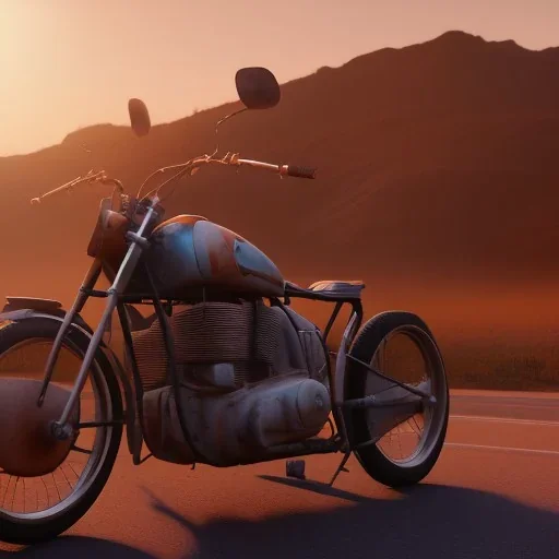 Old motorcycle with wings flying in sundown