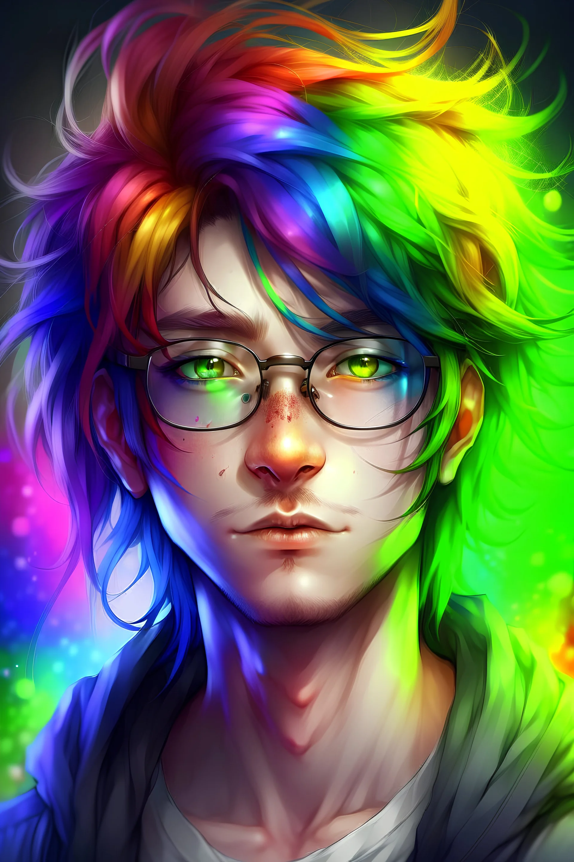 Anime man with glasses, messy rainbow hair, realistic