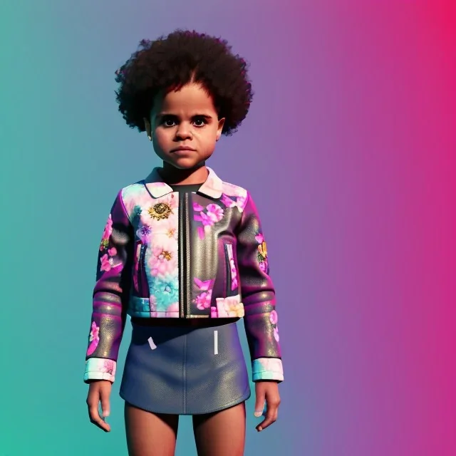 Zazie beetz toddler, full body, leather jacket, floral shirt, floral skirt, Nike sneaker, soft skin, city background, dramatic lighting, hyper realistic