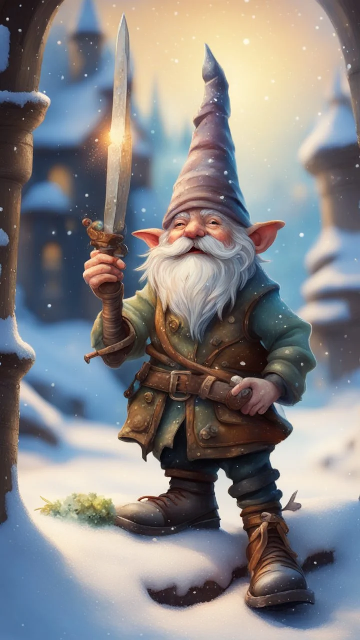 postcard portrait of bard gnome with old boots, sword and lute in the snow garden holding a tower fortification, magazine cover illustration with oil paint and spray paint, signed, bokeh like, down-light, unreal engine, prize winning