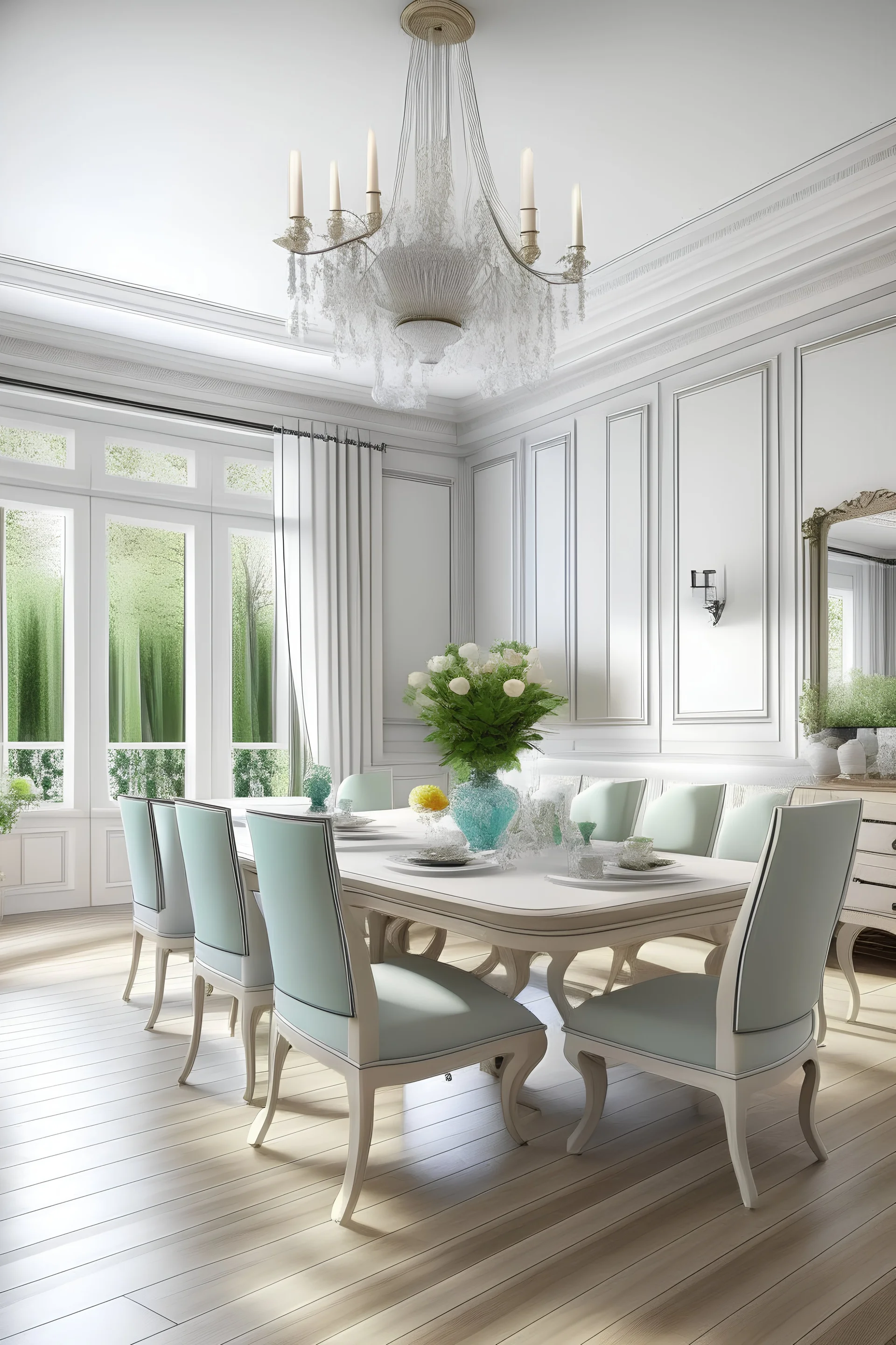 Design the interior decoration of a dining room with a lot of natural light and modern with a light color theme in french style