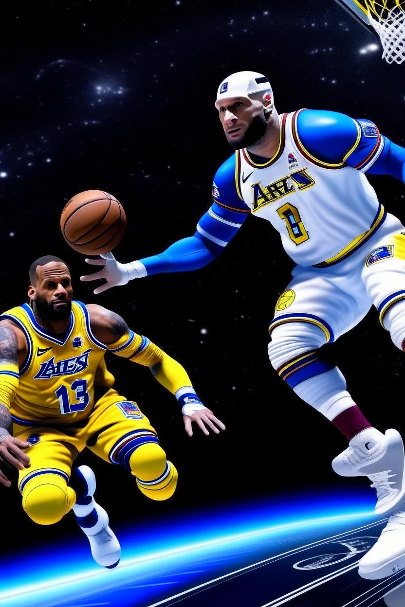 lebron james in space with steph curry and a basketball dunking