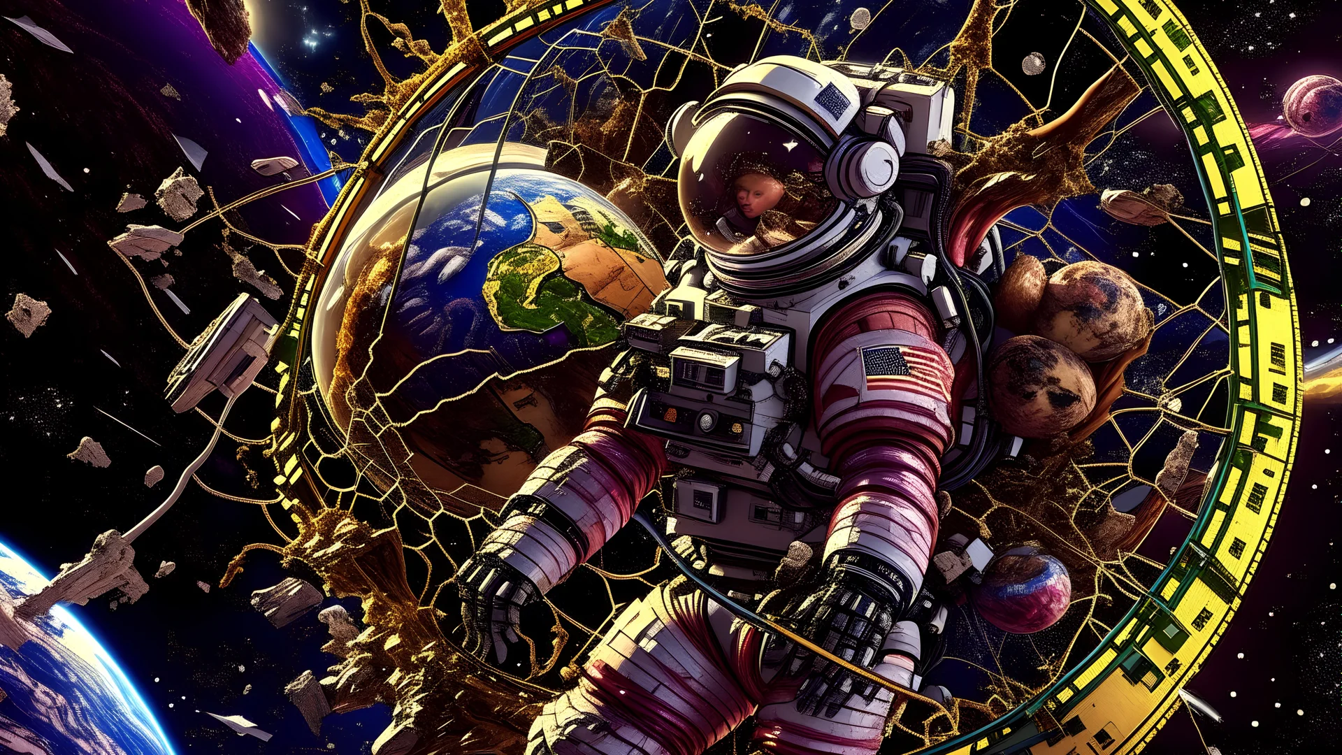 a shattered, broken, planet Earth behind astronaut floating in space, hyper-realistic, 8k resolution, high-quality, fine-detail, detailed matte, intricate, 3D octane render, illustration, digital art, brian froud, howard lyon, anna dittman, greg rutowski,