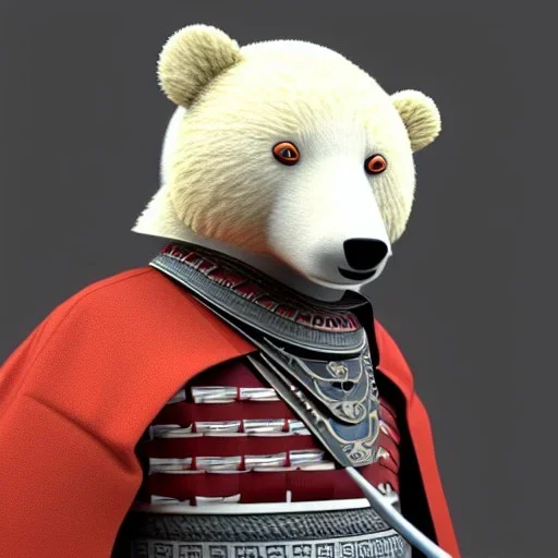 Un ours blanc, anthropomorphique, habillé comme un samurai, portant un katana très detaillé, réaliste, très détaillé, représentation 3d, un maximum de détail