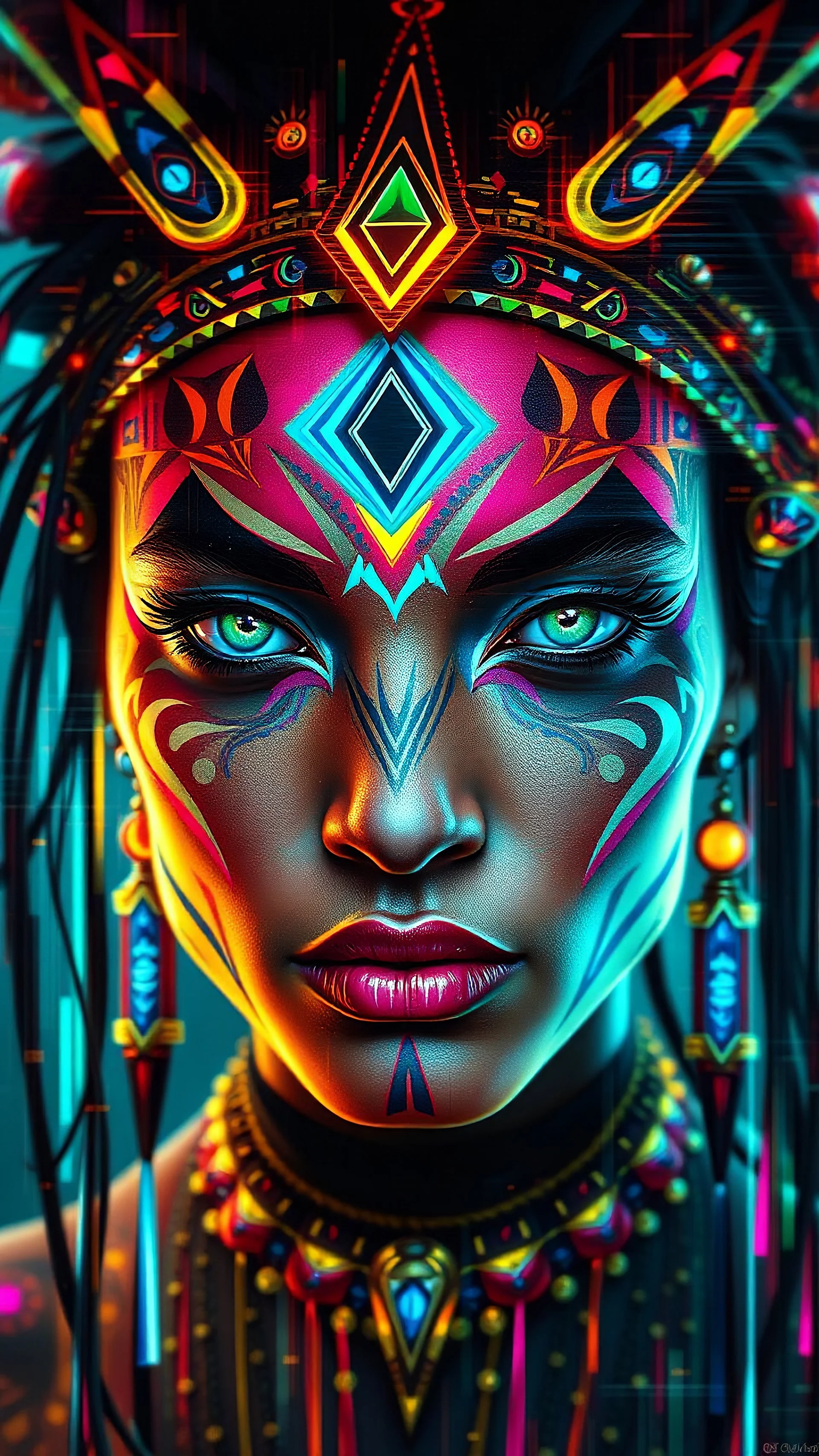 Tribe Glitcher Art, surreal tribal portrait with digital glitch distortion, neon war paint, cybernetic tattoos, futuristic ornaments, pixel fragments, holographic tribal energy, spiritual digital chaos, vibrant colors, surreal futuristic art.