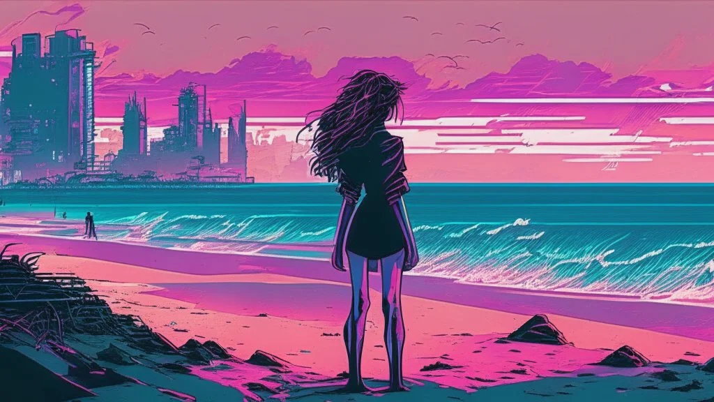 synth-wave beach & city, lone girl, iconic:1.8), comic style