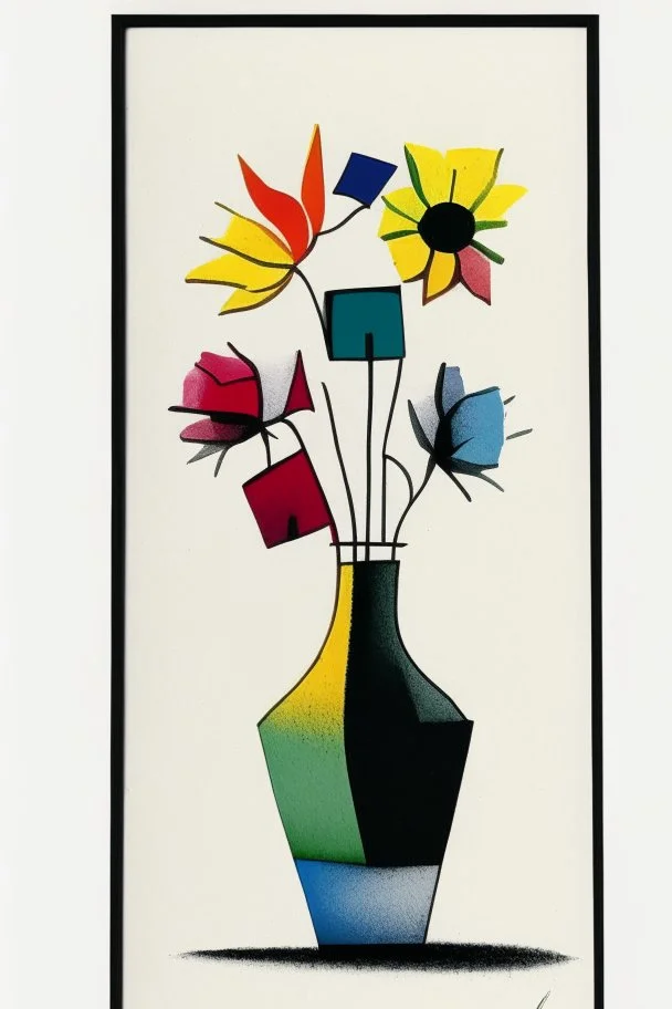 Pen, ink and oil transfer minimalist print of flowers in a vase in rainbow colours in the style of Paul Klee