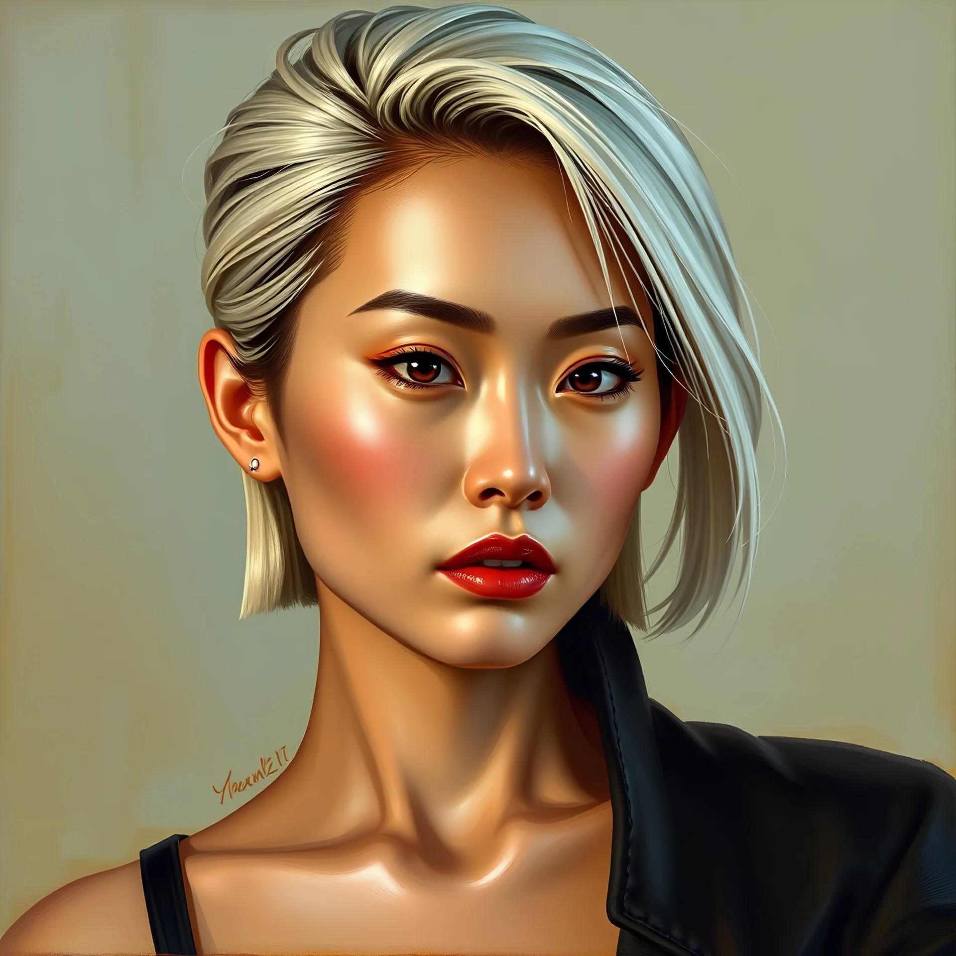 Fantasy portrait based on Michelle Yeoh with short, wet, slicked back, platinum blonde hair