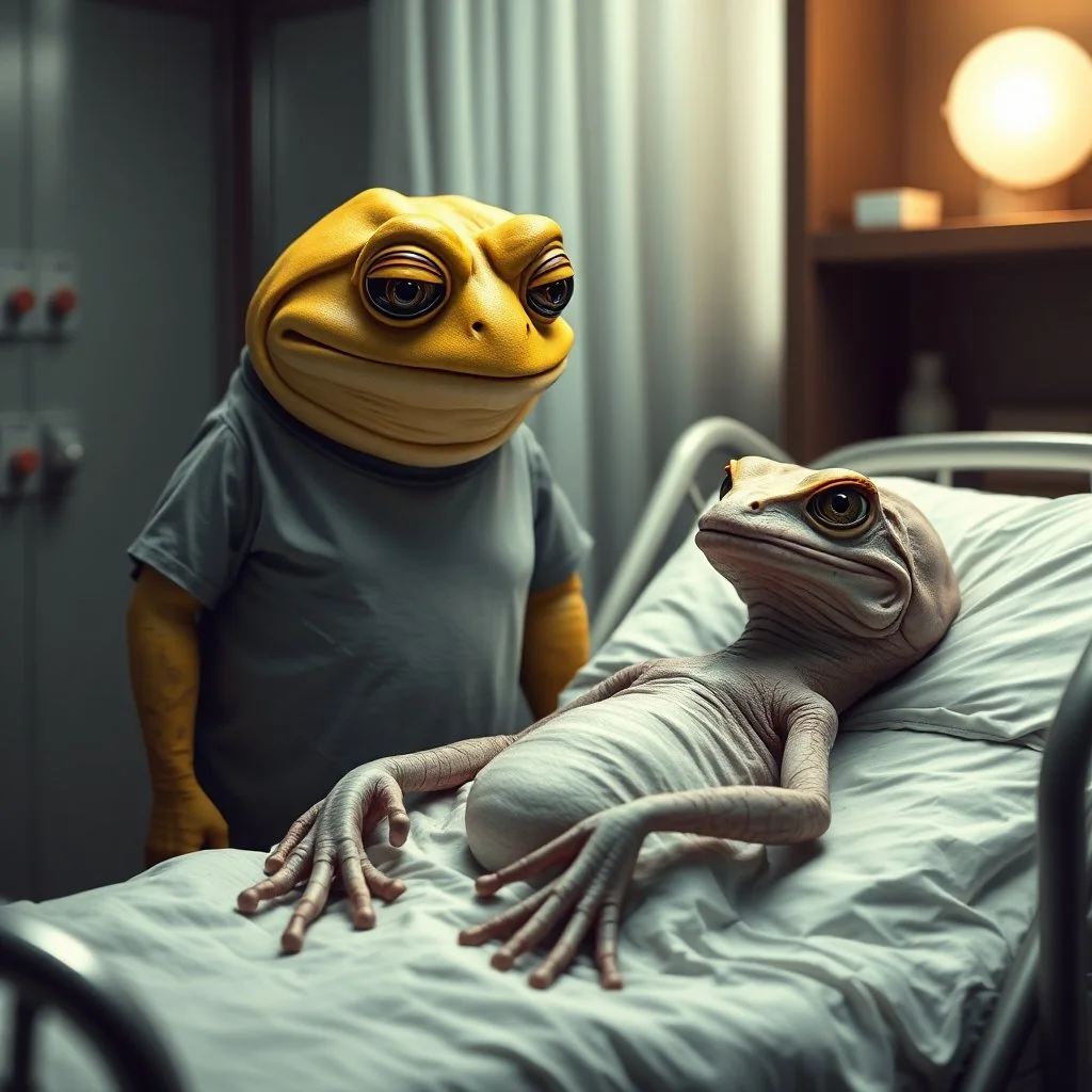 a big very fat sad yellow-green color big eyes anthropomorphic frog stands in hospital room in t-shirt next the bed an be seen up to the waist, in the bed lies on the pale color old thin and wrinkled lizard-medusa-frog mutant animal with two long tentacled arms with big head , big half-open eyes with eyelashes and , half-covered with blanket, the frog watching the lizard creature, blur background , detailed, sci-fi, dark fantasy mood