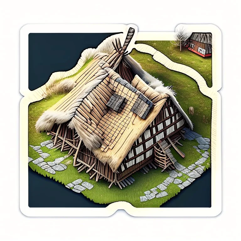 aerial view digital artwork of a Scandinavian longhouse as a sticker