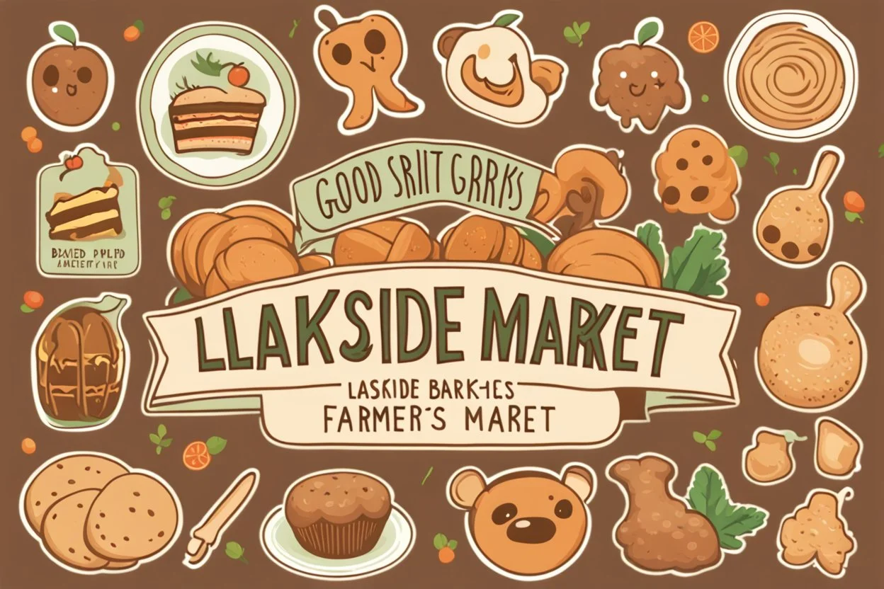 Stickers for a lakeside farmers' market "Good Spirit Market" in a national parks sticker style, featuring illustrations of baked goods