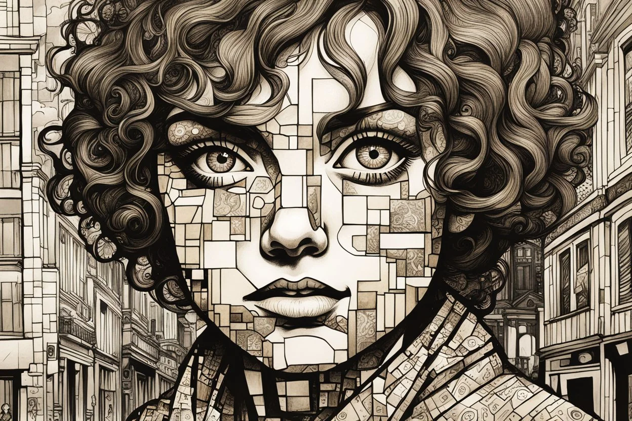 create an abstract cubist, lithographic print illustration of an epic grubby and ragged,17th century female Paris street urchin with highly detailed and deeply cut facial features, in the style of GUSTAV KLIMT, EDWARD BURNE-JONES, WILLIAM MORRIS, and KATHE KOLLWITZ combined with the comic art style of BILL SIENKIEWICZ and JEAN GIRAUD MOEBIUS, searing lines and forceful strokes, precisely drawn, boldly inked, and darkly colored