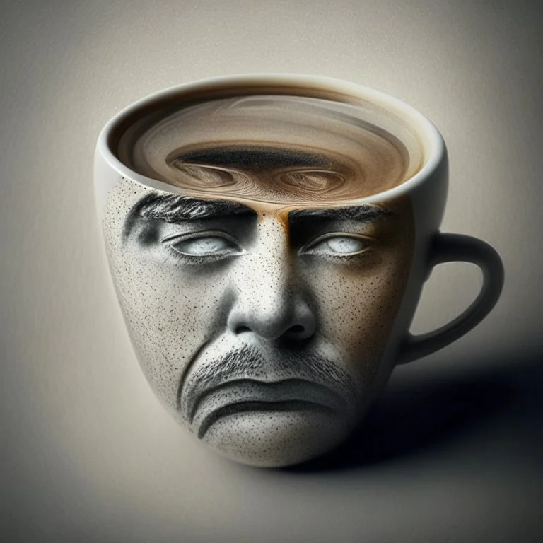 The image of a thinking man's face in a coffee cup
