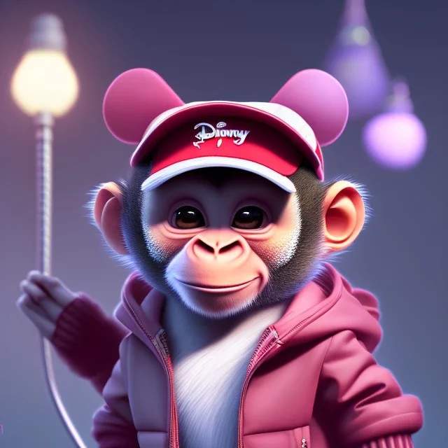 pixar style anamorphic cute monkey baby, smiling, gangsta silver neckless, wearing hat, full body, magenta puffer jacket, manila city backdrop, dramatic lighting, hyper-realistic, unreal engine 5, 16k. full detailed,