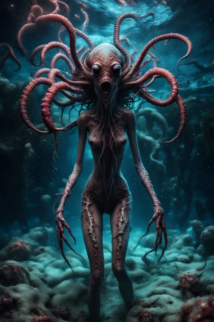 cosmic horror, nightmare, galaxy interwoven with dread, truth, alien underwater, fullbody, feet point view, creepy, horrifying, sinister, many worms parasite creature connected to the head, sparks around her, intricate, 8k, macro photography,