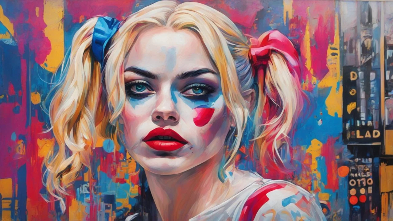 Suicide Squad Harley Quinn Margot Elise Robbie Pop Art psychology oil paiting In depth psychology display Roy Fox Lichtenstein style, dream, symptom, image in the background in the city artgerm display Gustav Klimt style artgerm display in the Barcelona the 2024th century oil paiting. and the city itself seemed like a big illusion, full of light and shadows. Barcelona city the 2024th century