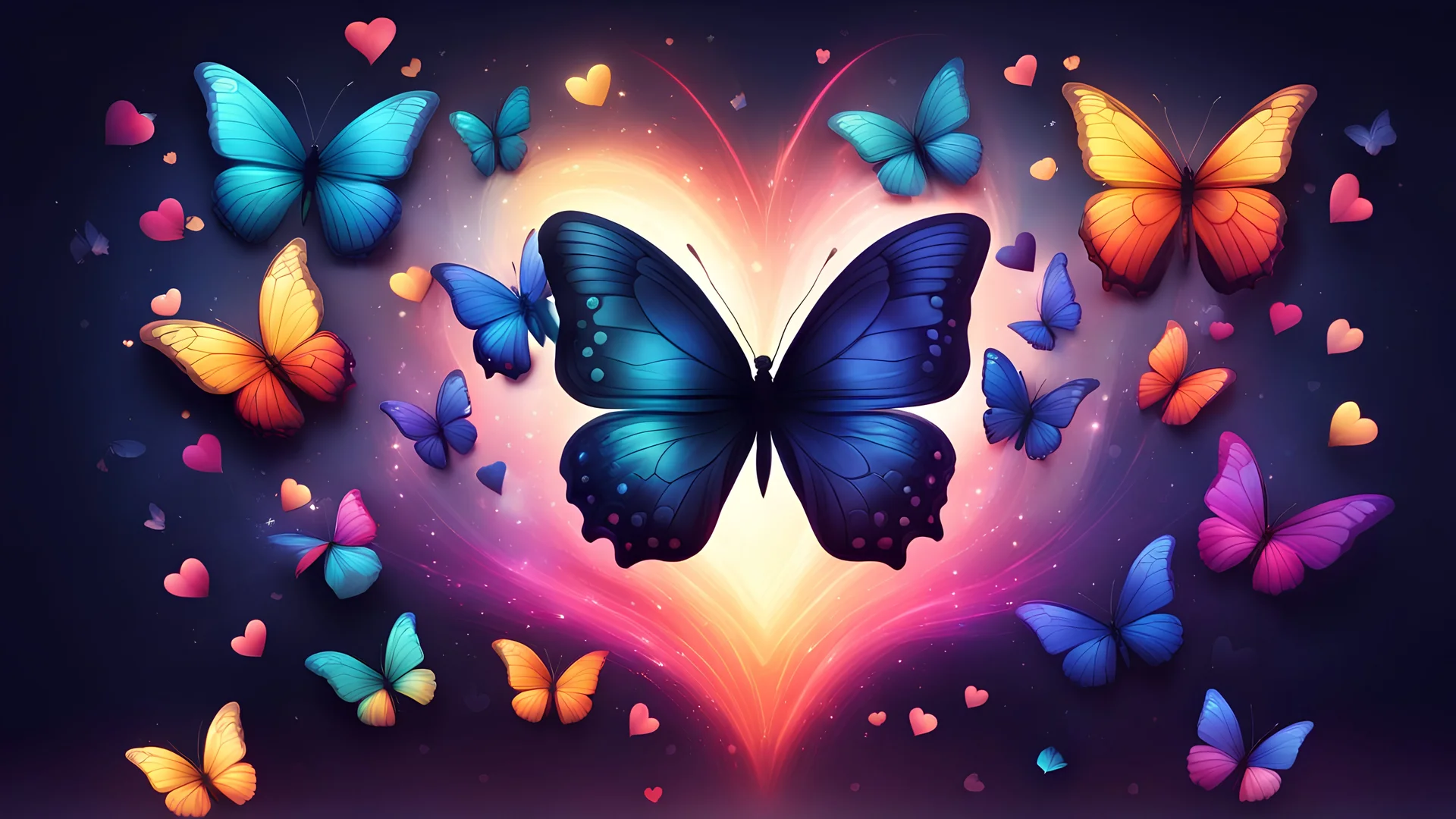 Visual representation of energy, colorful darkness high definition deep. subtle butterflies & hearts theme