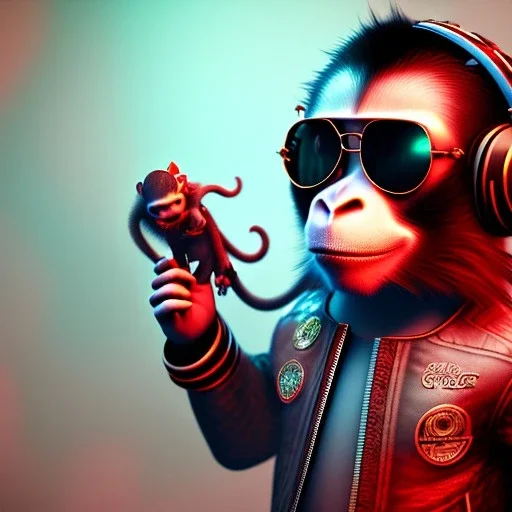 Monkey toddler, steampunk headphone, sunglass, gangsta neckless, full body, red leather jacket, tokio background, dramatic lighting, hyper realistic, unreal engine 5, 16k