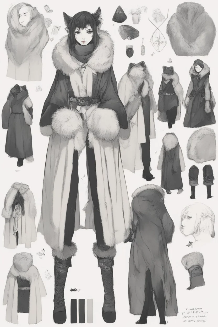 A dnd character sheet. A woman dressed for the cold north dressed in dark furs, with black hair